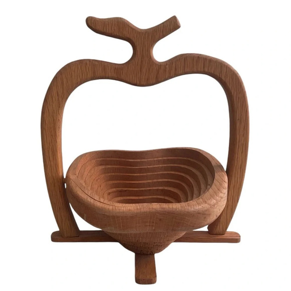 Sherrell Lewis Beautiful Folding Solid Wood Fruit Bowl Basket Apple Shape - Picture 1 of 11